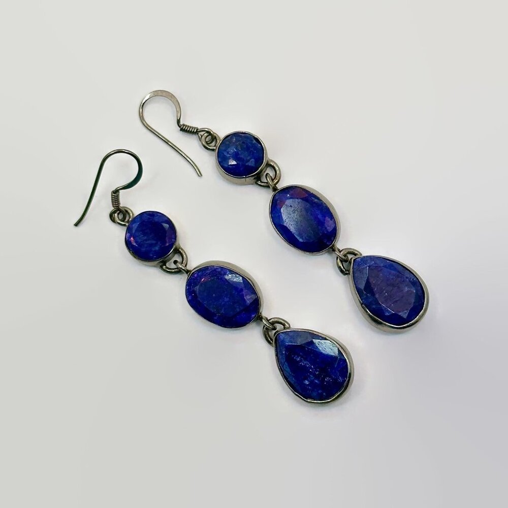 Blue Hathipada Stone Earrings: Black Silver Dangle Earrings - Picture 2 of 5